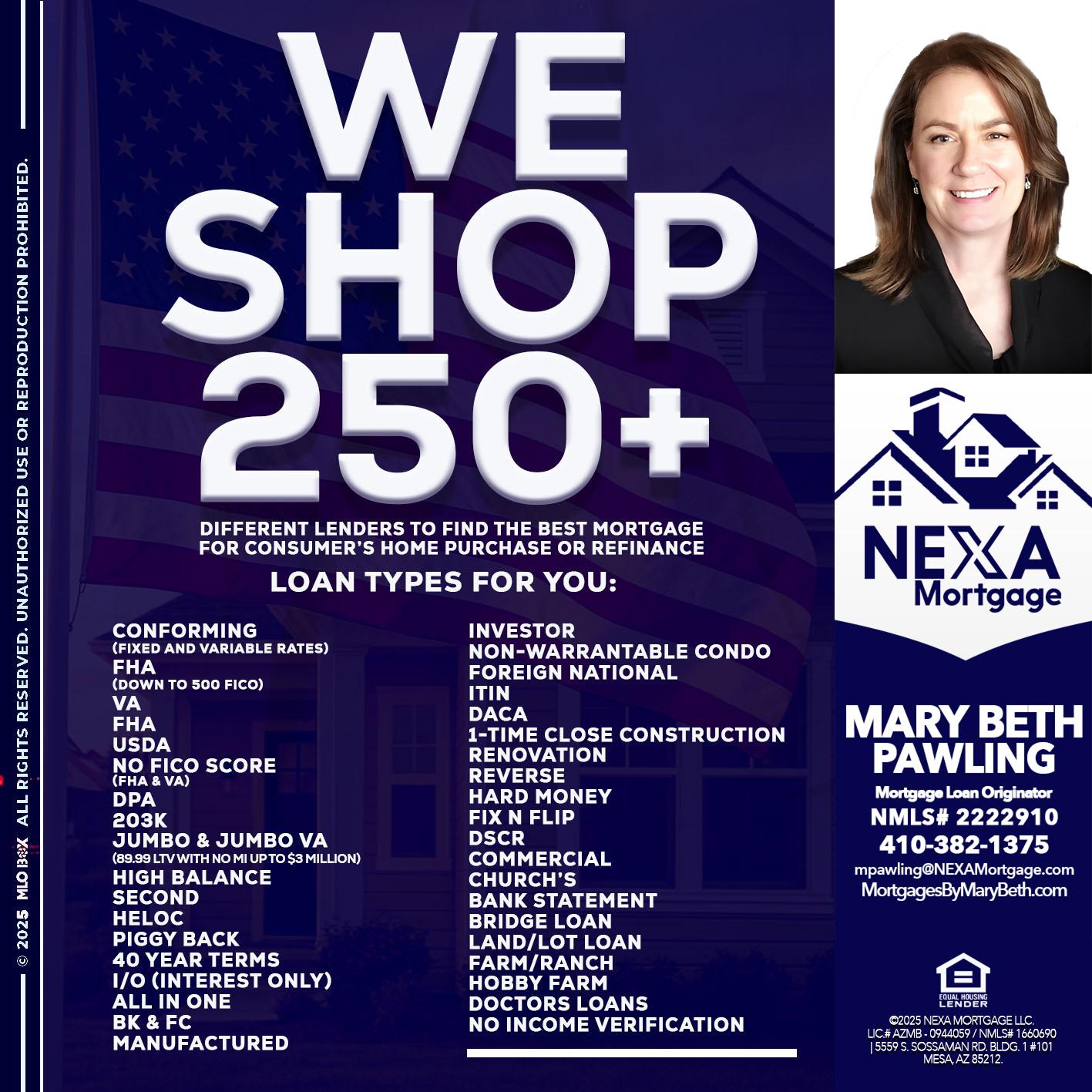 WE SHOP 250+ - Mary Beth Pawling -Mortgage Loan Originator