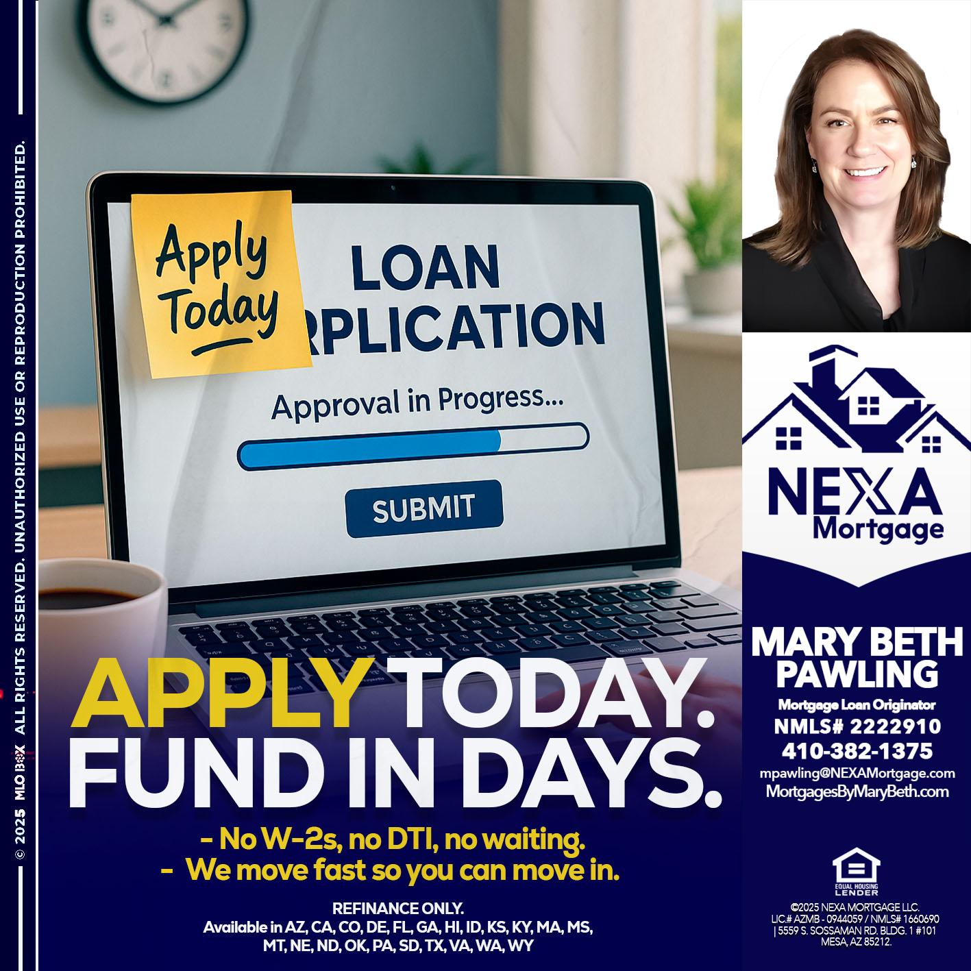 APPLY TODAY - Mary Beth Pawling -Mortgage Loan Originator